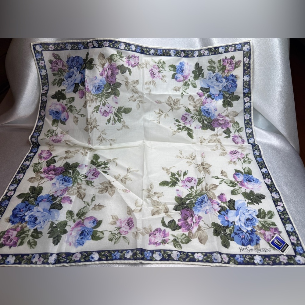 Yves Saint Laurent YSL Floral Blue and Purple Scarf